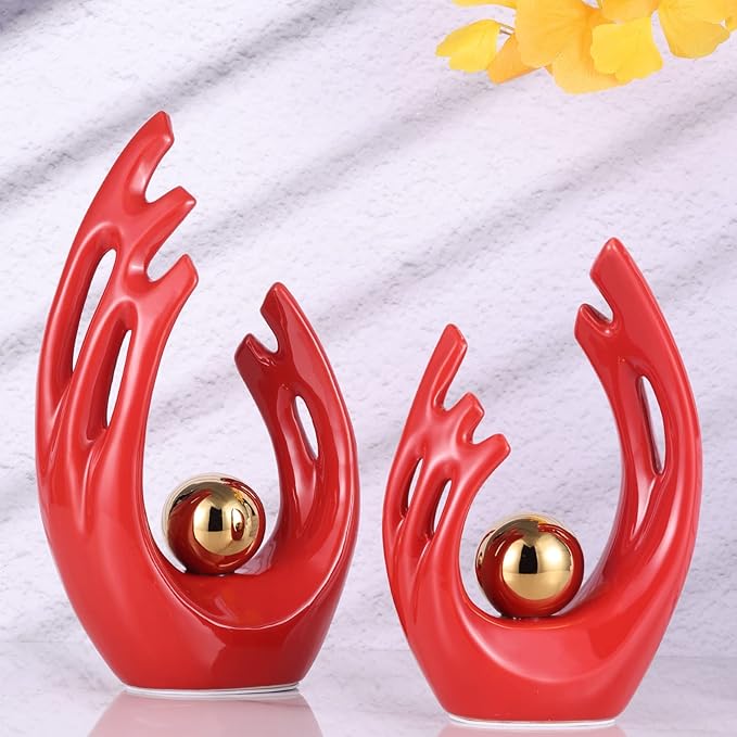 12" H Red Gold Aesthetic Room Decor Accent, TV Stand Funky Table Centerpiece, Abstract Art Ceramic Statue and Sculpture, Red Decor for Living Room, Bookshelf Decorative Objects, Shelf Decor