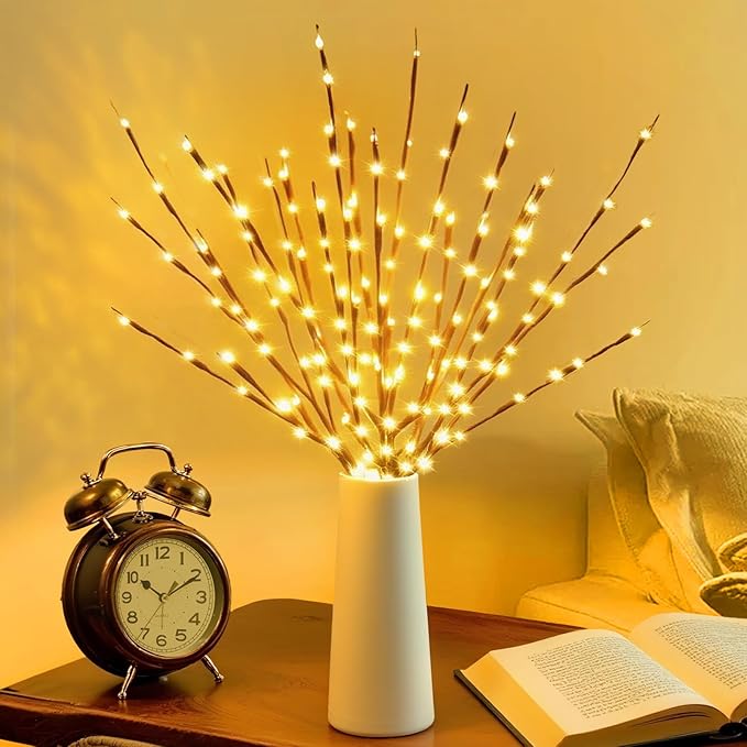 DK177 4 Pack Led Branch Light Battery Operated Lighted Branch Vase Filler Willow Tree Artificial Little Twig Power Brown 30 Inch 20 LED for Home Romantic Decoration, Warm White