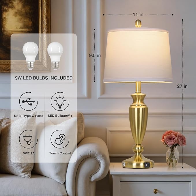27'' Gold Table Lamps for Living Room with White Lampshade, 3 Way Touch Control Bedside Lamps Set of 2 with USB A+C Ports, Modern Metal Nightstand Lamp for Bedroom Office End Table