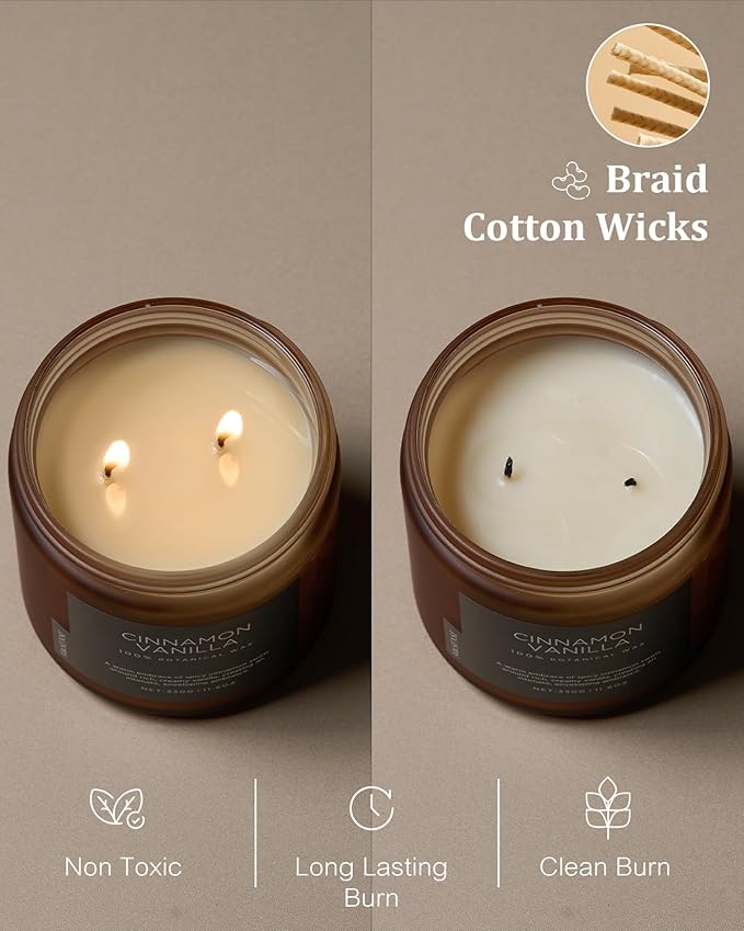 M&SENSE Cinnamon Vanilla Fall Scented Candles for Home, Natural Soy Wax 11.6oz 70 Hours Large Long Lasting Strong Scented Classic 2 Wicks Jar Candle Gift for Housewarming