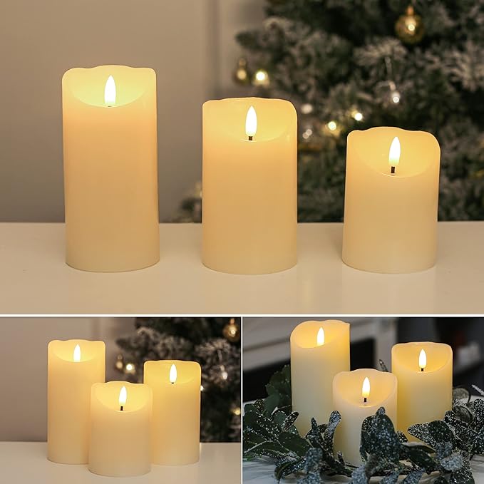 Flameless Candles with Remote, Battery Operated Real Wax LED Flickering Candles with Timer, Fake Electric Candles for Christmas Party Room Home Decor, Set of 3 (Ivory)