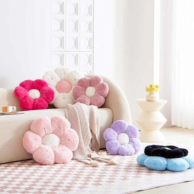 Flower Pillow, Cute Flower Shaped Decorative Pillow, Soft Rabbit Fur Daisy Pillow Home Decor Floor Seating Cushion for Bedroom Living Room (Light Purple 19.6 Inch)