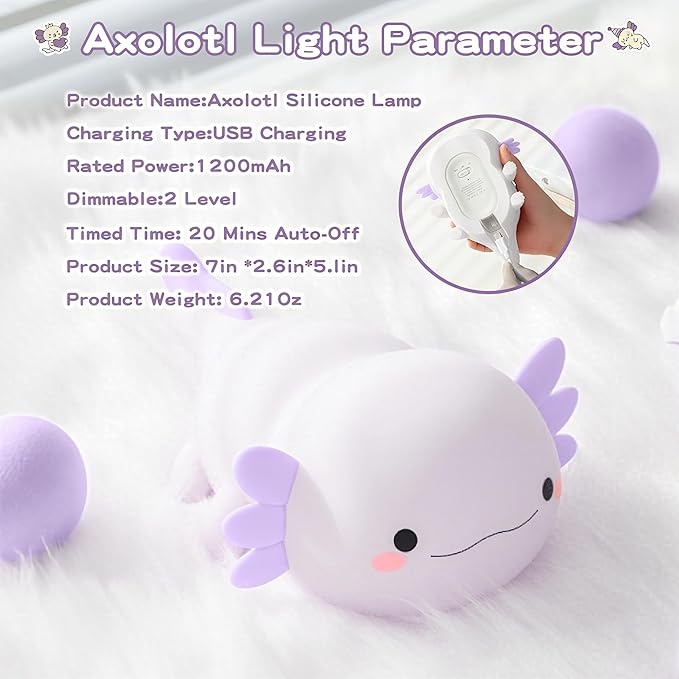 Axolotl Night Light for Kids,Cute Purple Axolotl Lamp ,LED Squishy Nursery Nightlight, Food Grade Soft Silicone Novelty Animal Bedside Lamp,Adorable Room Decor , Axolotl Gitfs for Mother Girls Baby