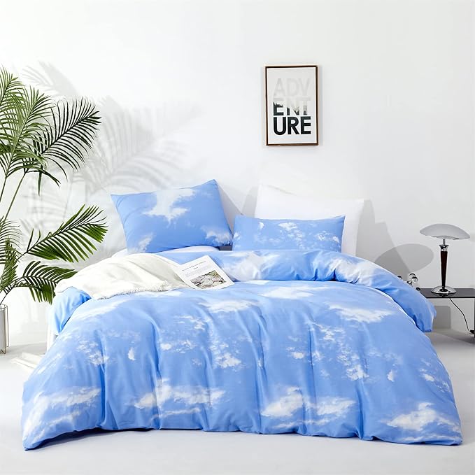 KAREVER Blue Cloud Comforter Set Full Size Sky Blue Bedding Boys Girls 3 Pieces Soft Light Blue Full Bed Blanket Set for All Season as Gift