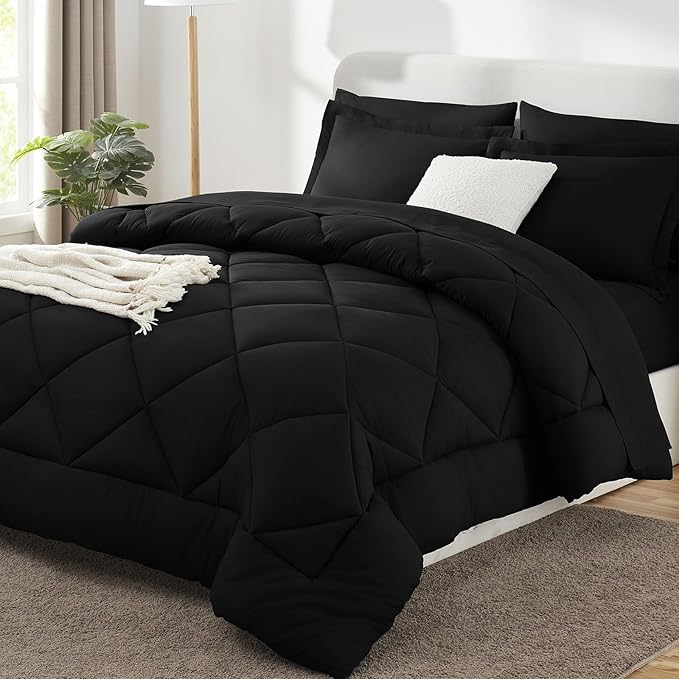 CozyLux Queen Comforter Set Black - Bed in a Bag Queen Size 7 Pieces, Luxury Soft Bed Set for All Seasons, Bedding Set with Down Alternative Comforter, Sheets, Pillowcases & Shams