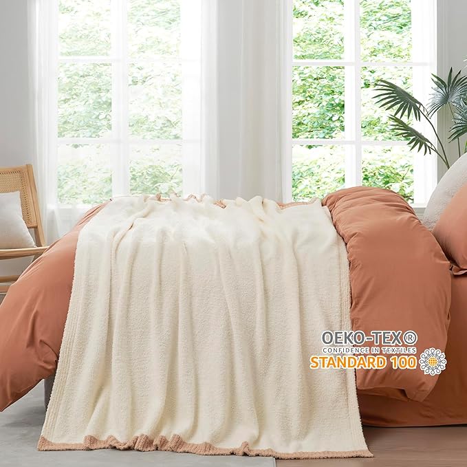 Snuggle Sac Cream Bedding Blankets Queen Size 90x90 inches, Reversible Microfiber Fluffy Fuzzy Soft Throw Cozy Knit Blanket for Women Mothers Birthday Gifts