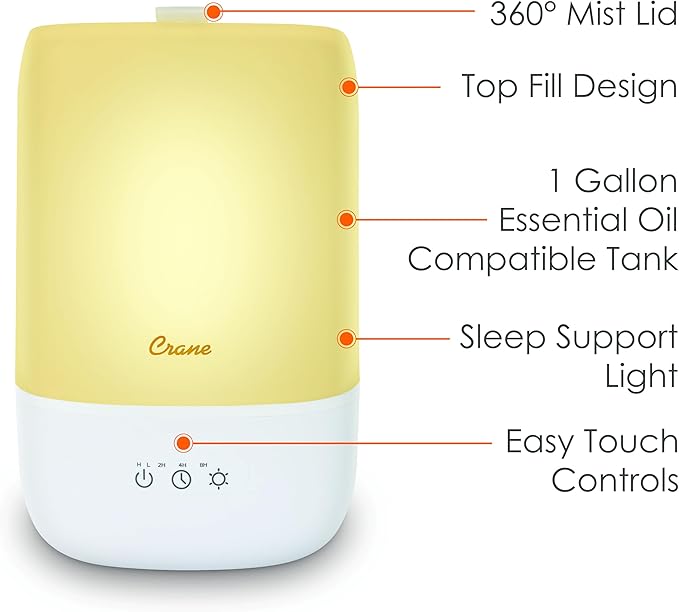 Crane Ultra-Quiet 3-in-1 Humidifier for Baby with Essential Oil Tray, 7-Color Sleep Light, 1 Gallon Top-Fill Tank, Ideal for Bedroom