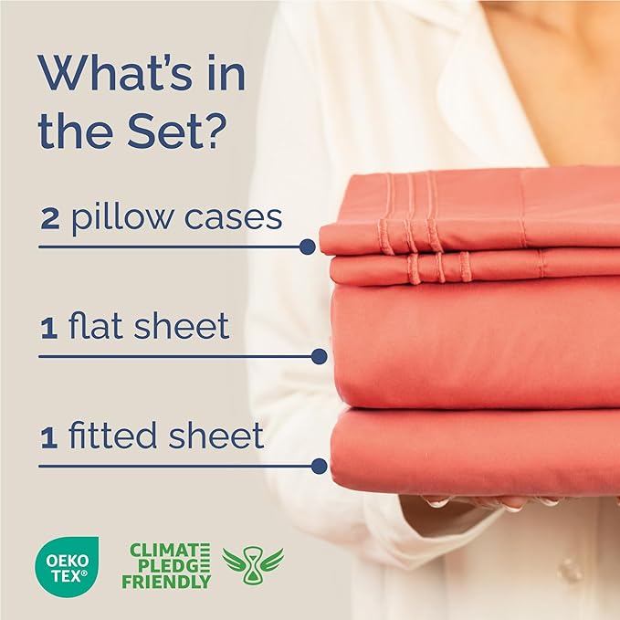 Full Size 4 Piece Sheet Set - Comfy Breathable & Cooling Bed Sheets Set - Hotel Luxury Bedding for Women, Men, Kids, Teens, Boys & Girls - Deep Pockets, Ultra-Soft and Wrinkle Free - Oeko-Tex - Coral