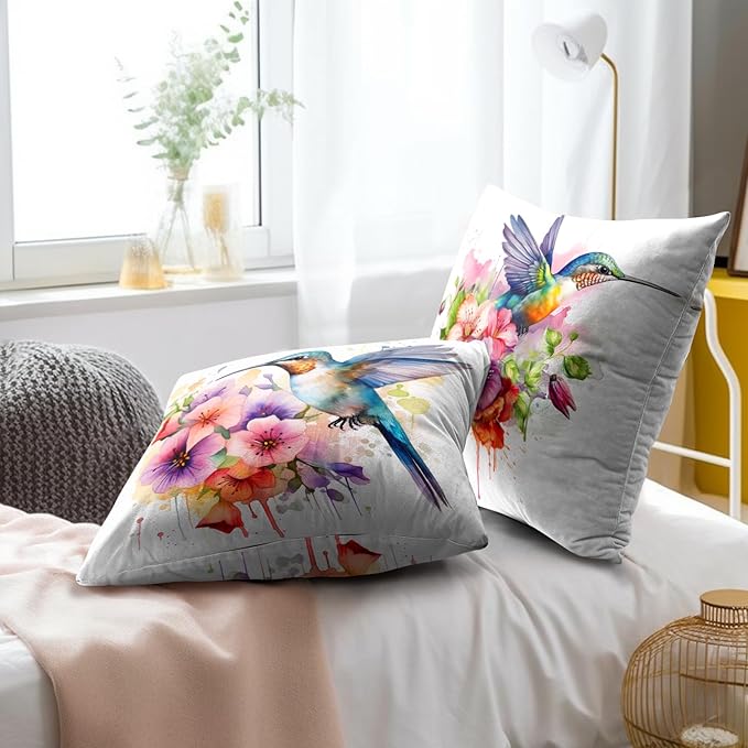 Watercolor Floral Hummingbird Pillow Cover - Colorful Bird Throw Pillow Covers Set of 2 Animal Cushion Covers 20x20 Willife Pillow Cases for Home Couch Sofa Outdoor