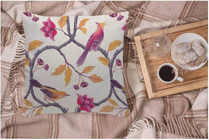 WONDERTIFY Throw Pillow Case Cover Chinoiserie Birds and Flowers Romantic Floral - Soft Linen Pillow Case for Decorative Bedroom/Livingroom/Sofa/Farm House - Couch Pillow Cushion Covers 18x18 Inch