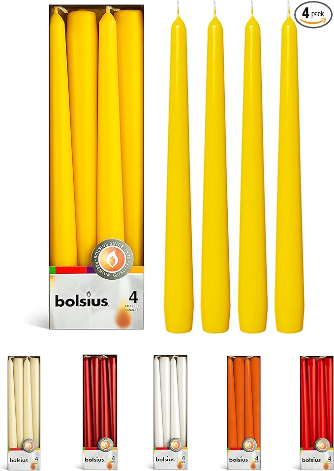 BOLSIUS Yellow Taper Candles - 4 Pack Unscented 10 Inch Dinner Candle Set - 8 Hours Burn Time - Premium European Quality - Smokeless and Dripless Household Wedding, Party, and Home Decor Candlesticks
