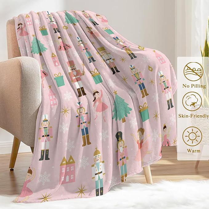 Christmas Decorative Blanket, Nutcracker Fairy and Tree Print Throw Decoration, Soft Flannel Winter Blankets for Couch Bed Sofa, Holiday Home Decor, Xmas Festival Gifts Pink 50x60 Inch