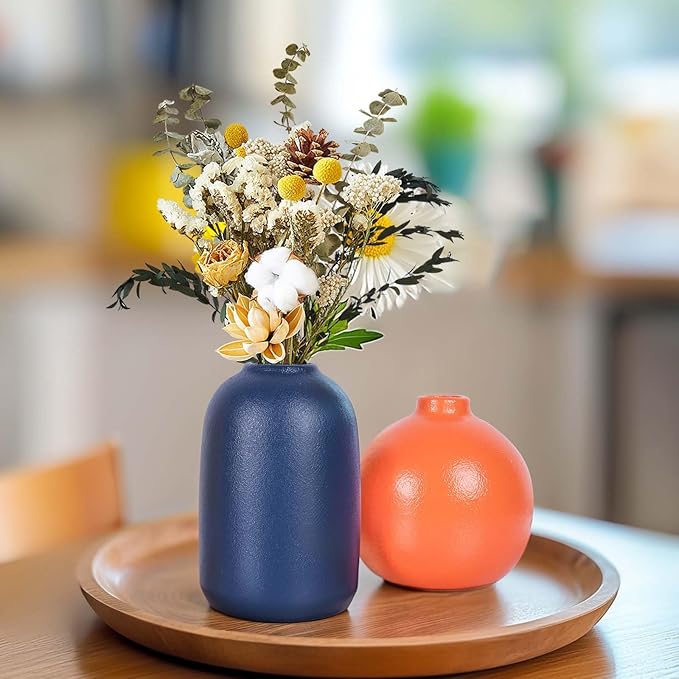 Colorful Ceramic Vase Set, Small Burnt Orange Blue Yellow Vases Home Decor,Fall Décor Modern Farmhouse Vases for Home Decor, Organic Decor Accents for Living Room, Table, Shelf, Entryway, Set of 3