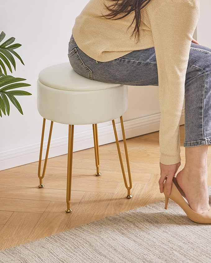 IBUYKE Faux Leather Round Footrest Stool with Storage Ottoman, Makeup Vanity Chair Side Table, PU Dressing Table Seat, Removable Cover, Golden Steel Legs, White WBD024W