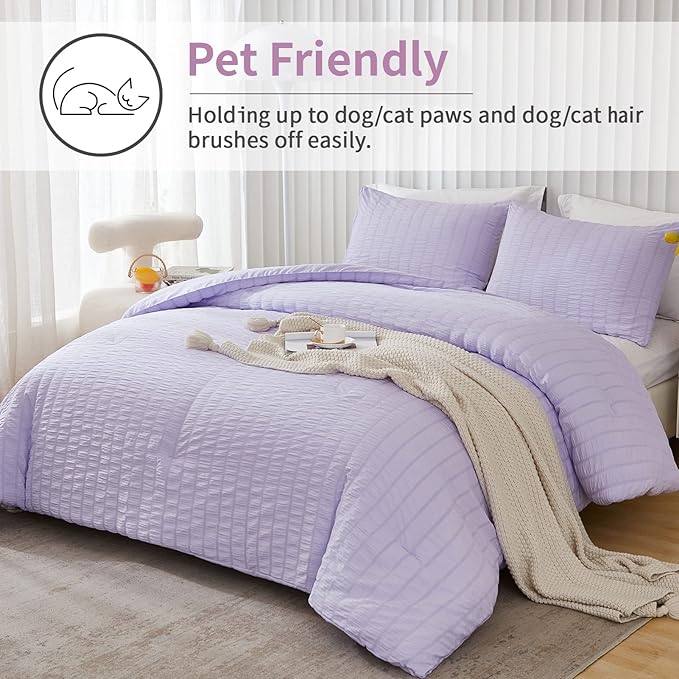 AveLom Lavender Purple Seersucker King Comforter Set(104x90 inches),3 Pieces-100% Soft Washed Microfiber Lightweight Comforter with 2 Pillowcases, All Season Down Alternative Comforter Set for Bedding