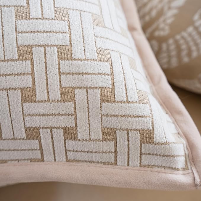 Premium Throw Pillow Covers 18x18 Inches - Framed Oatmeal Woven Whisper Grid Chenille Jacquard Embroidery Decorative Couch Pillow Covers for Living Room Bedroom Sofa