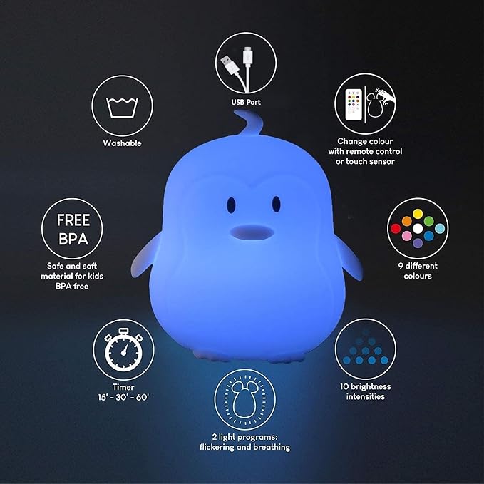 Penguin Night Light for Kids Silicone Sleep NightLights, 9 Colors Baby Light Bedside Lamp Bed Room Children Decorative Lamps for Toddlers/Boys/Girls/Adults/Bedroom/Bathroom/Outdoor - Medium