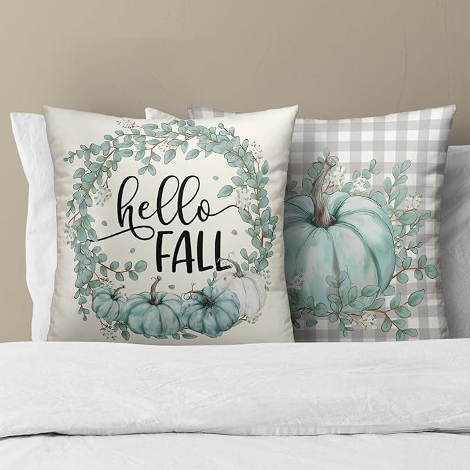 Fall Pumpkin Throw Pillow Covers - Autumn Harvest Pillow Covers 20x20 Teal Grey Pumpkins Pillow Cases Thanksgiving Cushion Case for Farmhouse Porch Patio Outdoor Indoor Home Decor