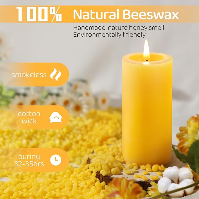 12 Pack Natural Beeswax Pillar Candles,100% Pure Beeswax Candles-420 Hours Long Burning,Unscented Bees Wax Candle for Home,Prayer,Emergency,Dripless Smokeless Organic Pillar Candle