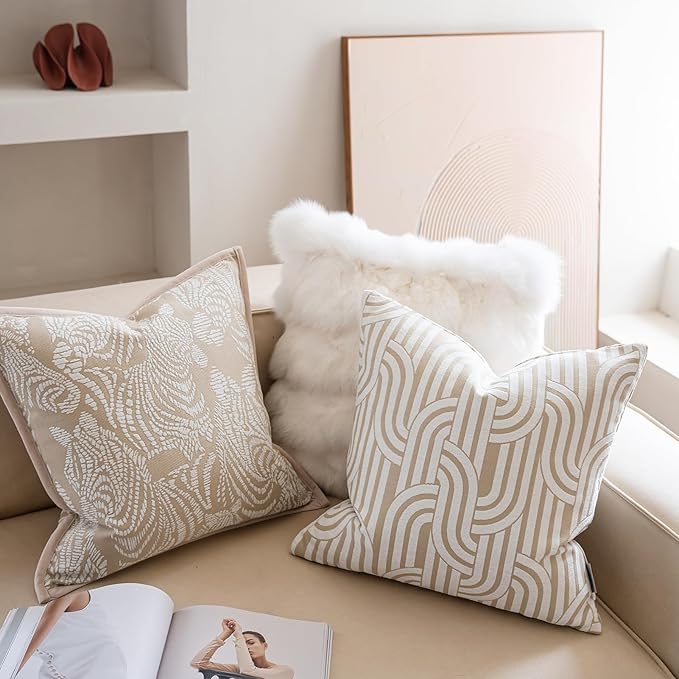 Premium Throw Pillow Covers 20x20 Inches - Oatmeal Zebra Framed Chenille Jacquard Embroidery Decorative Couch Pillow Covers for Living Room Bedroom Sofa Home Décor