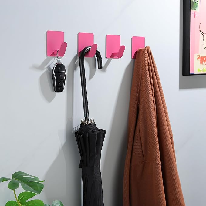 DELITON 4 Pack Hooks for Wall - Cute Kids Wall Hook Adhesive Coat Robe Towel Hooks for Bathrooms Kitchen Heavy Duty Stainless Steel, Pink