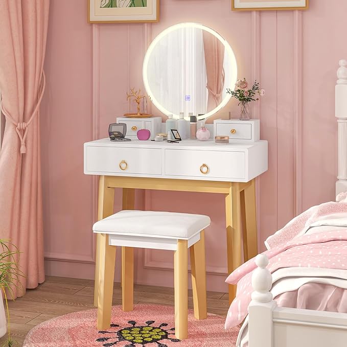 CHARMAID Vanity Desk with Mirror and Lights, White Makeup Vanity Desk with 4 Drawers, 3 Color Lighting Modes, Adjustable Brightness, Modern Dressing Table with Vanity Stool for Girls Small Bedroom