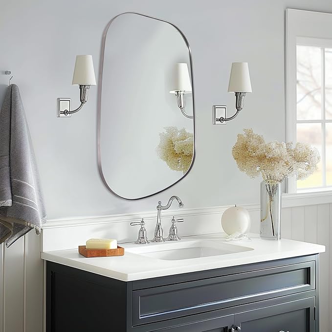 ANDY STAR Brushed Nickel Mirror, 24"x36" Silver Asymmetrical Wall Mirror for Bathroom, Unique Irregular Design with SUS304 Stainless Steel Metal Frame, Ideal for Bathroom, Bedroom, Entryway