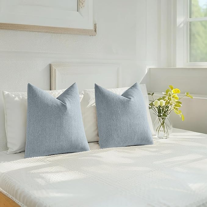 HAUSSY Denim Blue Throw Pillow Covers 24x24 Inch Set of 2,Boho Decorative Faux Linen Throw Pillows Cozy Farmhouse Accent Cushion Covers,Home Decor for Couch Sofa Bed Living Room