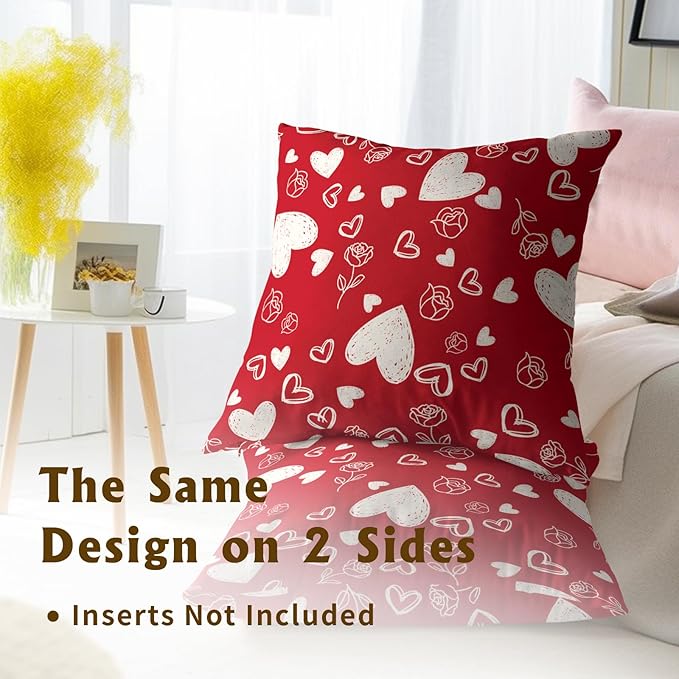 Valentines Pillow Cover - Red Hearts Throw Pillow Covers 20x20 Set of 2 Rose Flower Decorative Pillowcases for Couch Sofa Bedroom