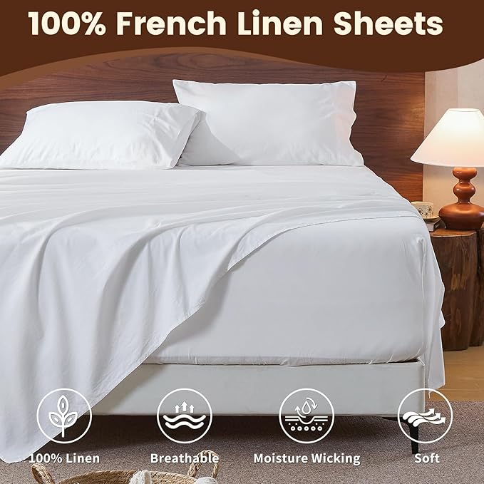 100% Linen Sheet Set Queen Size Extra Deep Pocket Fits 18-24 Inch Mattress, Breathable & Soft, Smooth 6-Piece Set for Thick Mattresses Hotel Luxury Bedding（Queen, White）