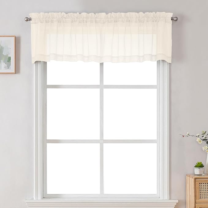 Chyhomenyc Sheer Cream Valances for Windows 2 Pack, Small Window Curtains for Living Room Bathroom Cafe Laundry Basement, Modern Top Dual Rod Pocket Voile Curtain, 42W x 18L inches, Cream