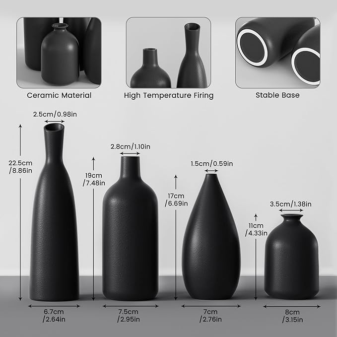 Ceramic Vases, Set of 4, Black, Flower Vases, Modern Decoration, Aesthetic, Vases for Pampas Grass, Flowers, Table Decoration, Tulip Vase, Bookshelf, Mantle, Living Room, Bedroom, Office, Wedding Gift
