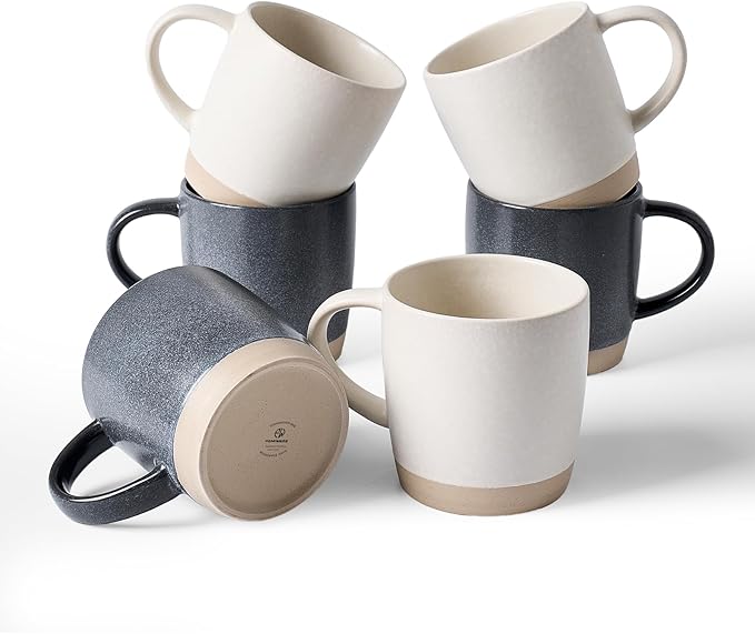 famiware Coffee Mugs Set of 6, Milkyway 13 oz Mug Set, Ceramic Cup Set with Handle for Coffee, Tea, Cocoa, Milk, Matte White + Matte Dark Charcoal