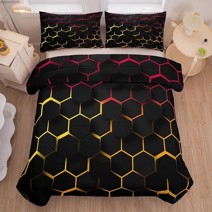Tailor Shop Honeycomb Comforter Set Queen Size Geometric Hexagon Bedding Set for Kids Boys Teens Room Decor Yellow Red Black Neon Lights Comforter with 2 Pillowcases…