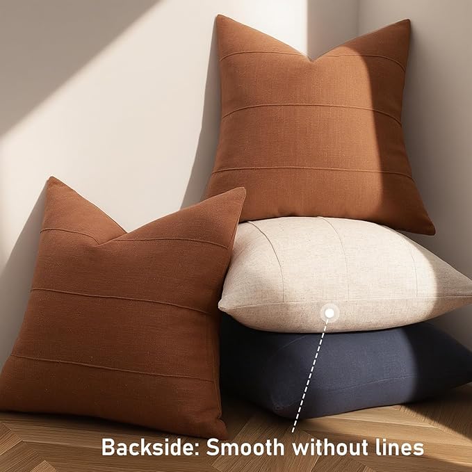Decorative Linen Throw Fall Pillow Covers 20x20 Set of 2 Solid handcrafted Striped Cushion Covers for Bed Soft Modern Farmhouse Neutral Pillowcase for Couch Bedroom Living Room Home Fall Decor(Rust)