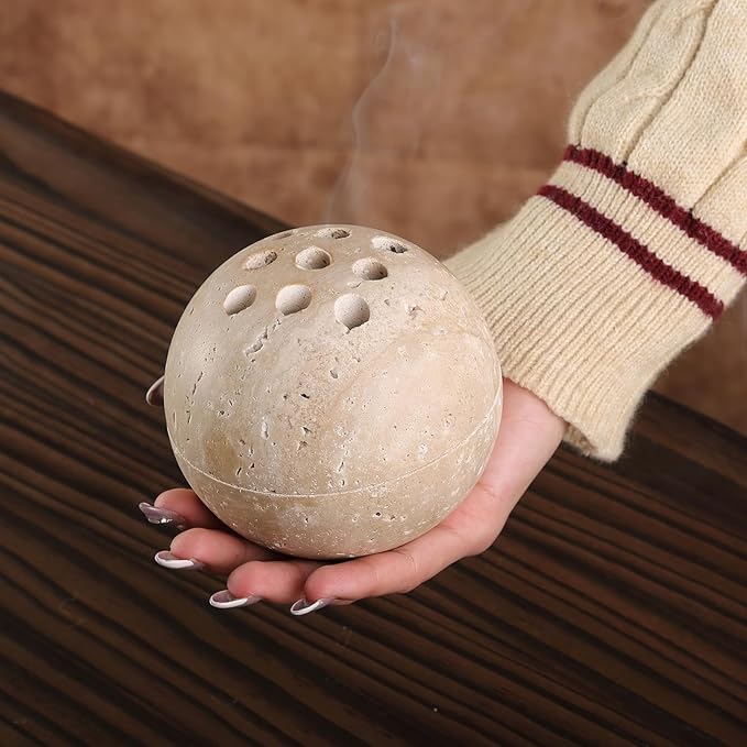 Koville Natural Travertine Stone Incense Burner, Incense Holder for Cone/Balsam Fir/Palo Santo/Sage, Handmade Sphere Incense Burner for Meditation Yoga SPA Relaxation, Home Decor,Beige Travertine