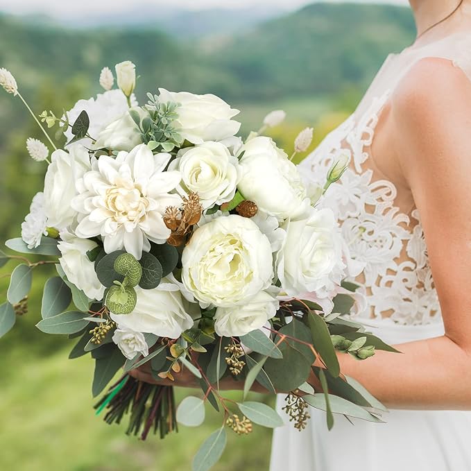 AmyHomie Ivory Artificial Flowers Combo Silk Mix Peony Rose Hydrangea Fake Flowers w/Stem for DIY Wedding Bouquets Centerpieces Arrangements Table Fall Decor Party Bridal Baby Shower Home Decorations