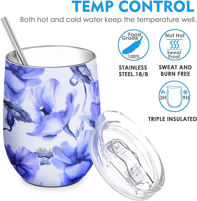 THILY Stainless Steel Insulated Wine Tumbler Stemless Wine Glass with Sliding Lid and Straw, Keep Coffee or Cocktails Cold, Cute Gifts for Women, 2 Pack(Iridaceae+Orchid)