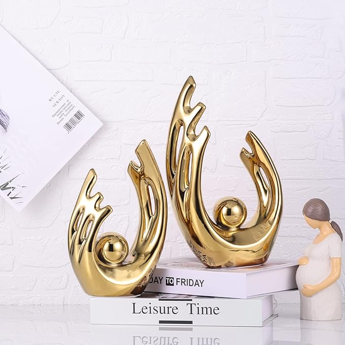 12" H Gold Aesthetic Room Decor Accent, TV Stand Funky Table Centerpiece, Abstract Art Ceramic Statue and Sculpture, Gold Decor for Living Room, Bookshelf Decorative Objects, Shelf Decor