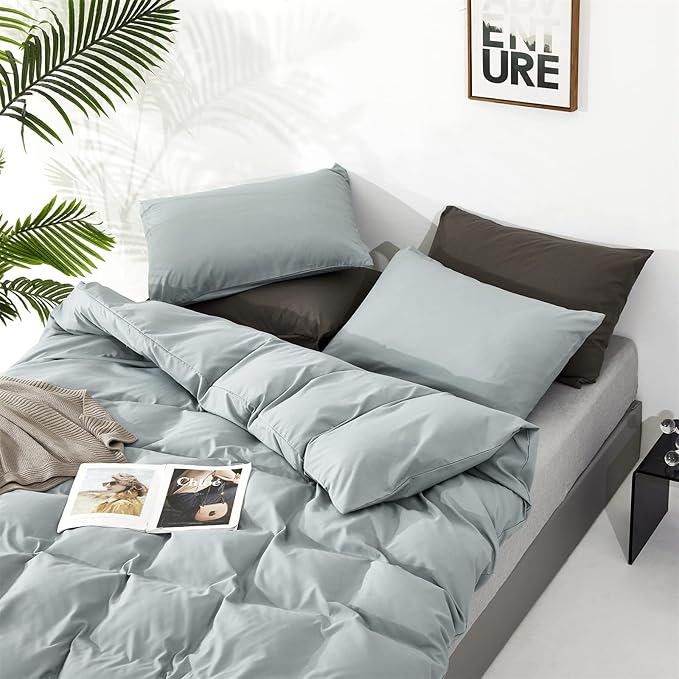 KAREVER Dusty Blue Comforter Set Queen Size 3 Pieces Solid Blue Queen Comforter Bedding Set Women Light Blue Queen Bed Comforter Set All Season Gift