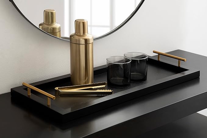 Kate and Laurel Halsey Narrow Rectangle Decorative Wooden Tray with Polished Metal Handles; 24 x 10; Black and Gold; Modern Glam Wood Rectangular Serving Tray for Display or Decoration