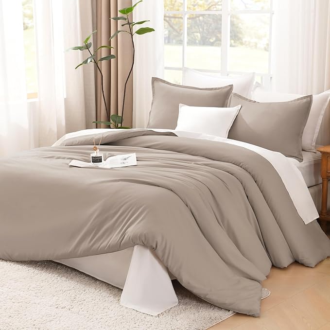 Litanika Light Coffee Comforter King Size, 3 Pieces Lightweight Solid Bedding Comforter Set, All Season Fluffy Bed Set (104x90In Comforter & 2 Pillowcases)