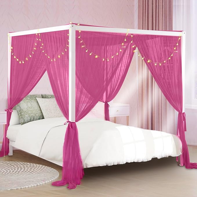 South to East Canopy Bed Curtains, 4 Corner Post Queen Bed Canopy for Girls, Wine Red Bed Drapes for Bedroom, King Canopy Bed Curtain, 100% Ripstop Polyester, Easy Installation, King/Queen Size Rose