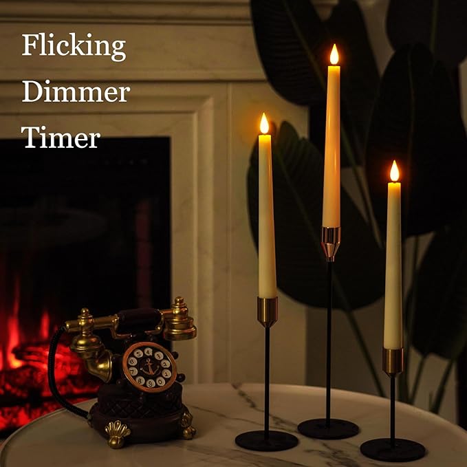 Homemory 3 Pcs Waxy Flameless Taper Candles with Remote, Flickering Battery Operated Classic Tall Candles for Home, Wedding, Party, Ivory, 9.6 inches