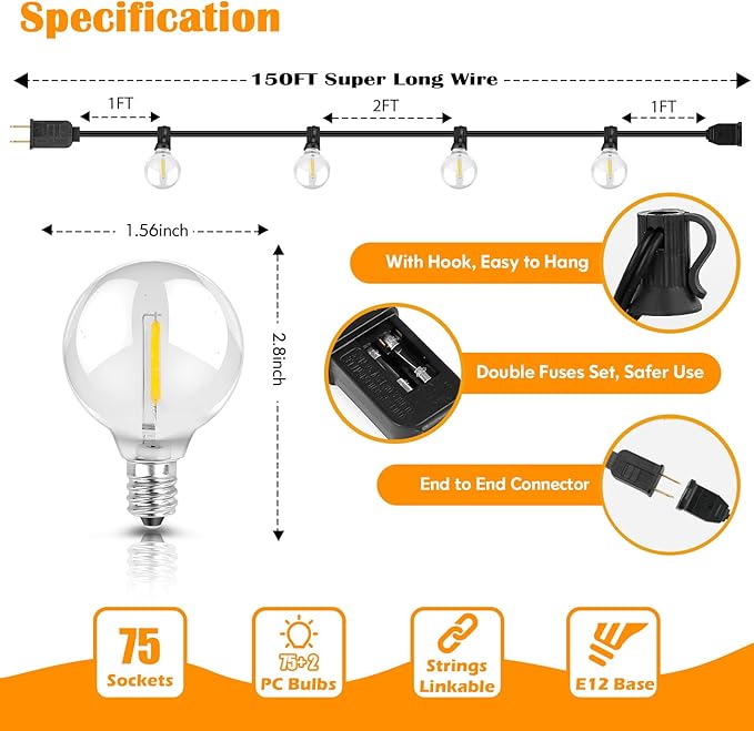 Brightever Outdoor String Light 150FT, Waterproof Dimmable Patio Lights with 75 G40 Globes, Shatterproof Connectable Outside Hanging Light for Backyard Porch