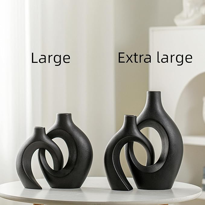 Levvohd XL Black Ceramic Vase Set of 2 for Modern Home Decor, Neutral Boho Round Donut Pampas Grass Vases, Nordic Aesthetic Vase, for Living Room Coffee Table Fire Place Book Style Shelf (H 11.1")