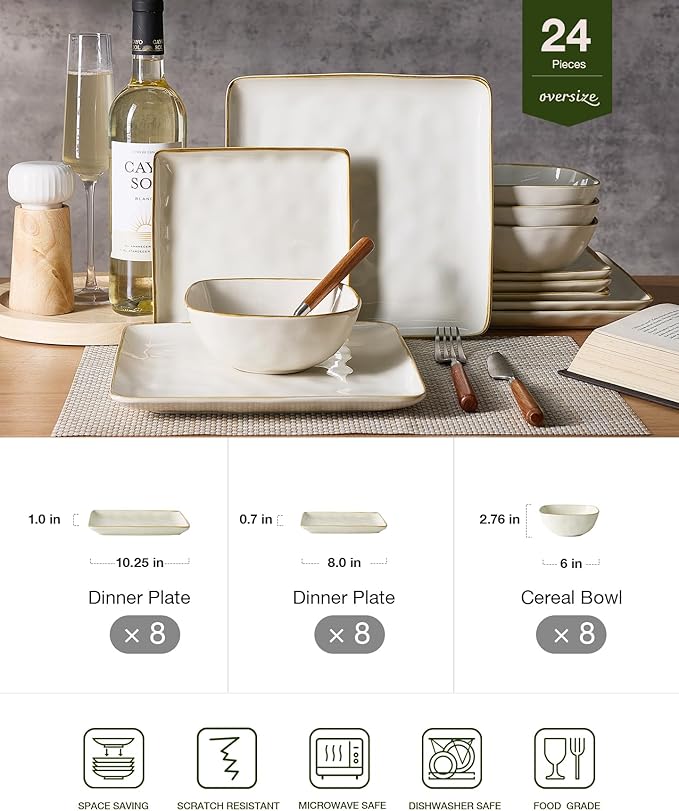 Famiware Dinnerware Sets for 8, Ocean Square 24-Piece Kitchen Plates and Bowls Sets, Microwave and Dishwasher Safe, Scratch Resistant, Vanilla White