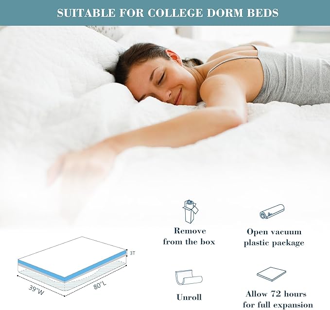 3 Inch Memory Foam Mattress Topper Twin XL, Cooling Gel Bed Topper with Removable Cover, Soft & Pain Relief & Breathable, CertiPUR-US & Oeko-Tex Certified