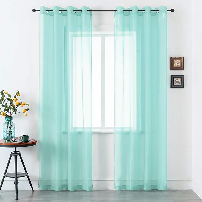 DUALIFE Aqua Window Sheer Curtains 108 Inches Extra Long 2 Panels Grommet Voile Drapes Gauze Semi Sheer Curtains for Living Room Kids Bedroom 52 x 108 Inch Length
