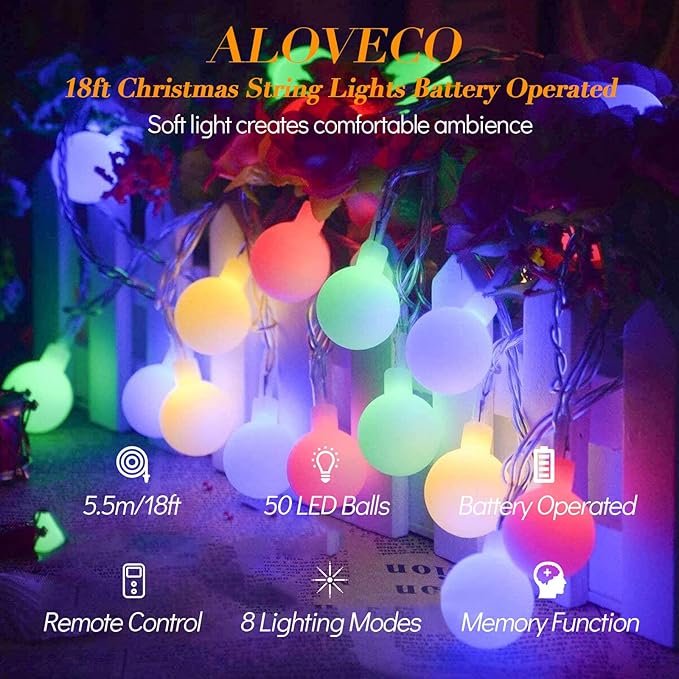ALOVECO LED String Lights 18ft 50 LEDs Battery Operated String Lights with Remote 8 Modes Waterproof Globe Starry Fairy Lights for Outdoor Indoor Bedroom Garden Party Christmas Tree (Multicolor)
